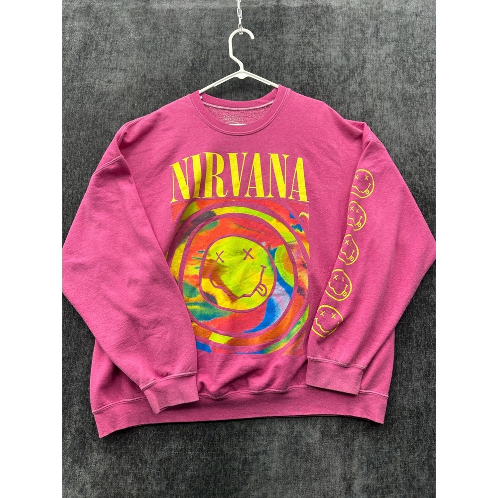 Nirvana Smiley Sweatshirt Womens XL Pink Cotton Oversized Crew Neck Outdoor